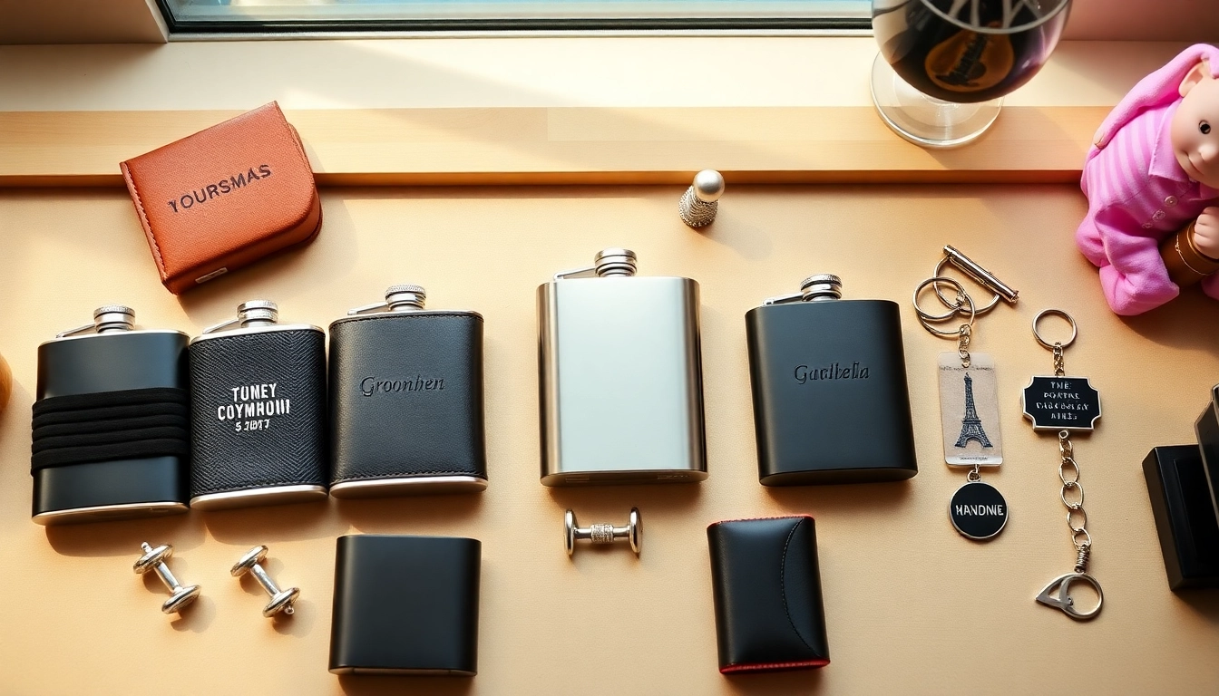 Explore unique cheap groomsmen gifts like personalized flasks and custom keychains on display.