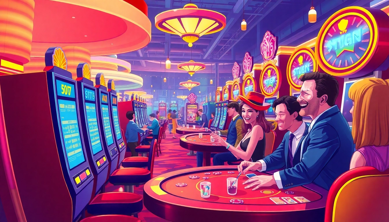 Explore exciting casino action with players enjoying deneme bonusu games at vibrant slot machines.