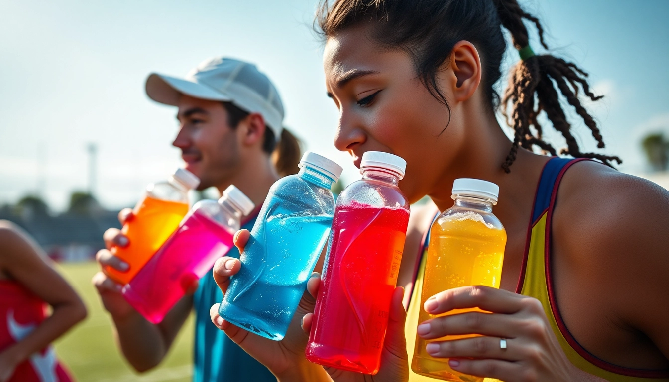 Athletes enjoying refreshing sportsdrink during outdoor training, showcasing vibrant colors and energy.