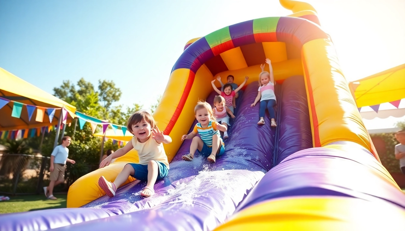 Kids enjoying a fun slide rental experience at a lively outdoor event.