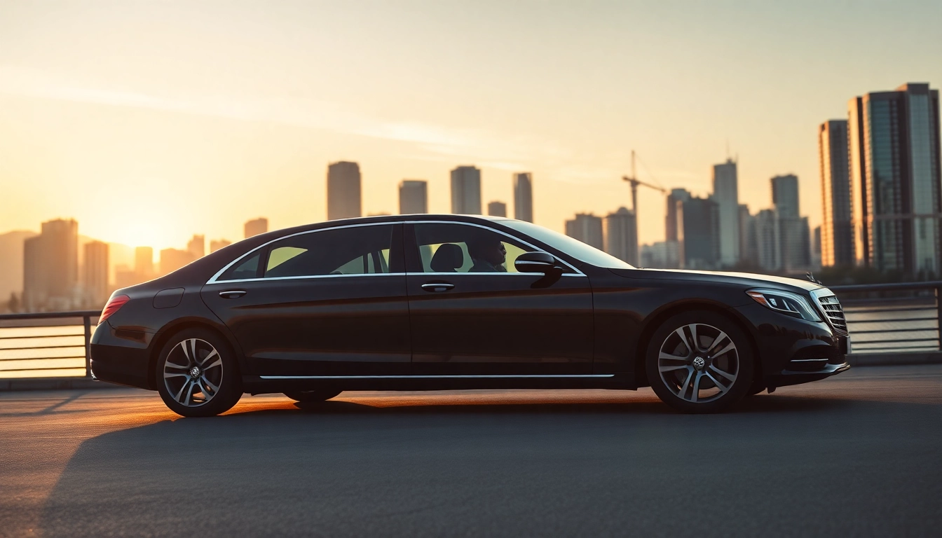 Experience a professional chauffeur service Vancouver with a luxury car under Vancouver's sunset skyline.