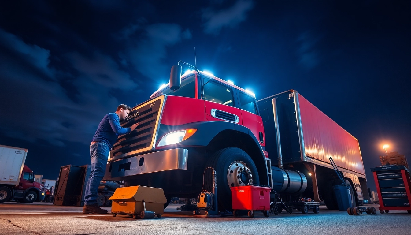 Mechanic providing 24/7 emergency truck repair service at night under bright lights.