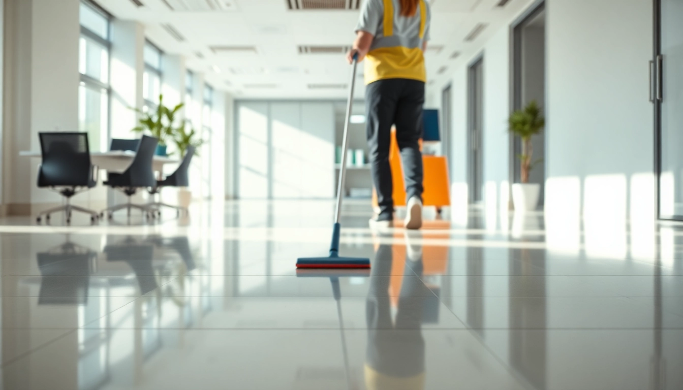 Professional cleaner performing Jacksonville commercial cleaning services in a bright office space.