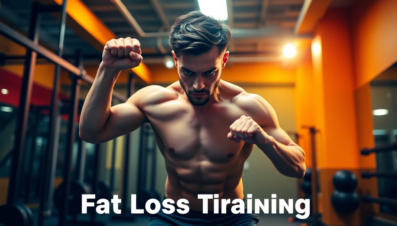 Engaging in Fat Loss Training, a determined individual showcases strength and endurance in a vibrant gym setting.