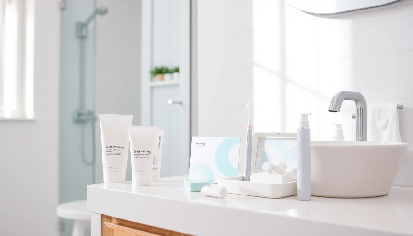 Showcase a vibrant teeth whitening kit on a clean countertop, highlighting its sleek packaging and accessories for an inviting dental health experience.