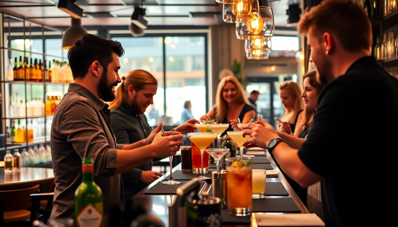 Participants engaged in a cocktail kurs berlin, mixing colorful drinks at a stylish bar.