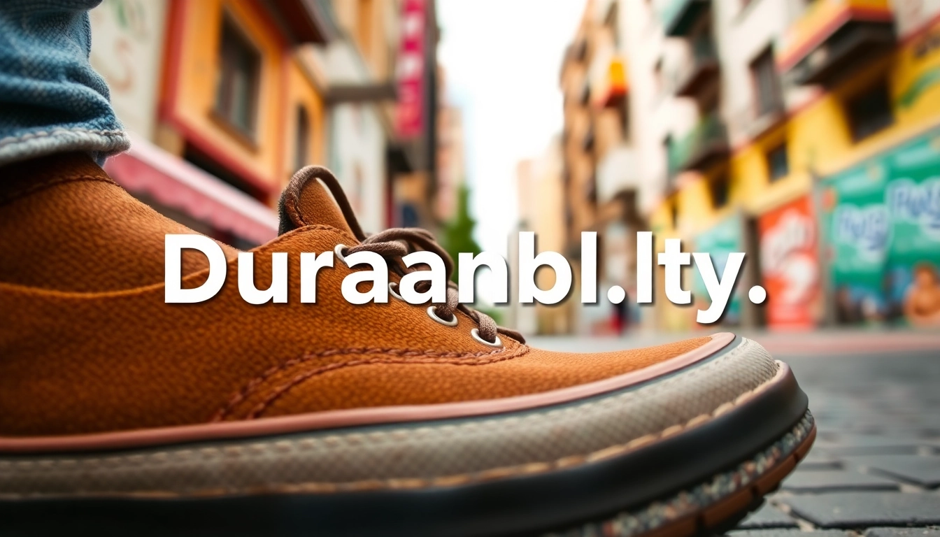 Visit Here to see a close-up of stylish, durable shoes in a vibrant city setting.