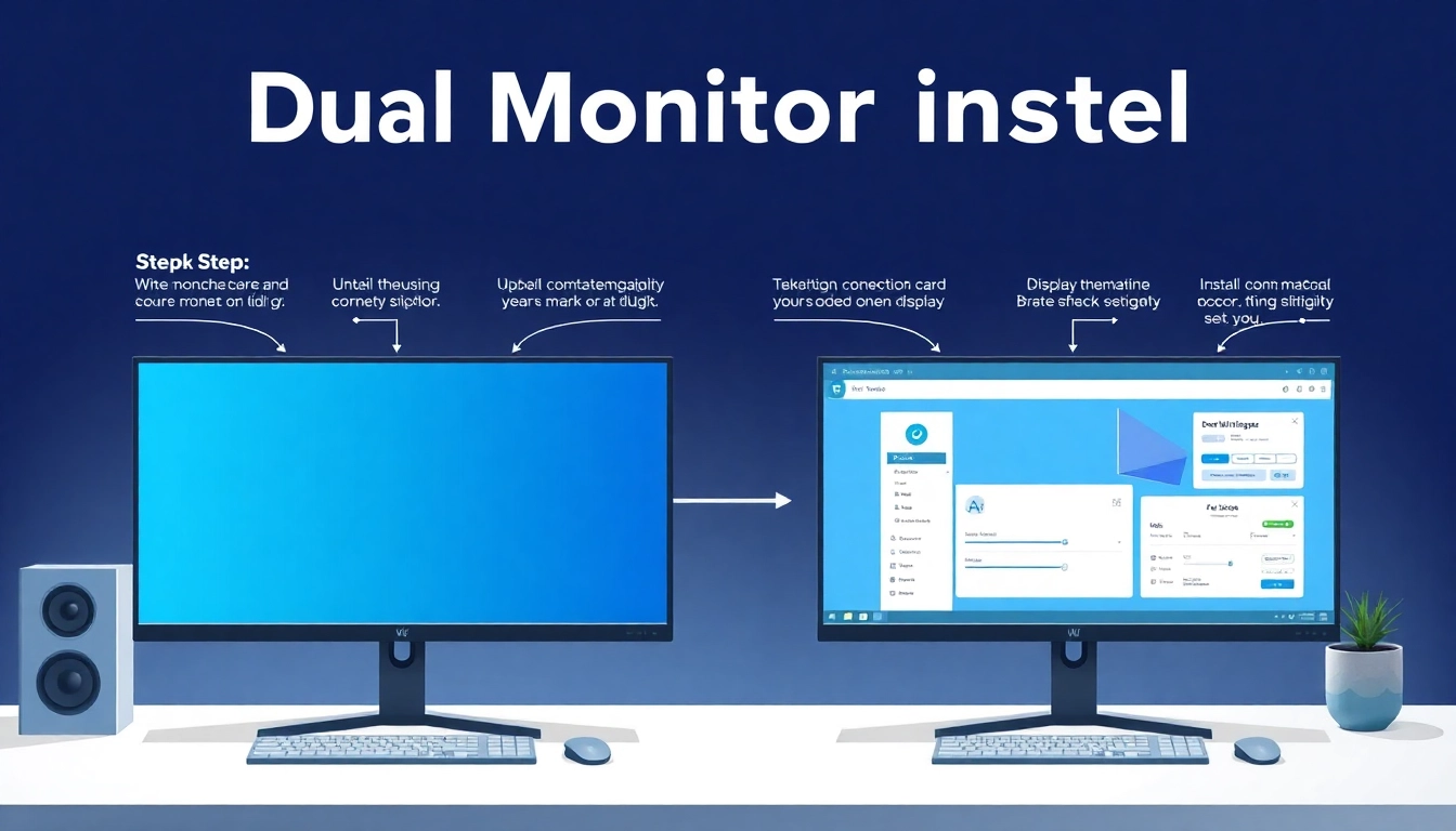 Guide for a dual monitor install with setup steps illustrated clearly in a workspace.