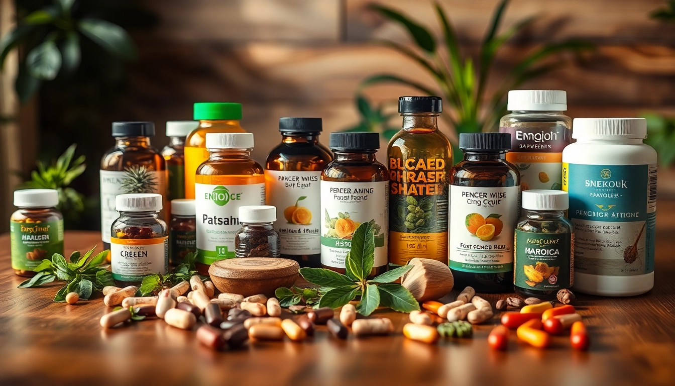 Showcase dietary supplements displayed on a table emphasizing variety and health benefits.