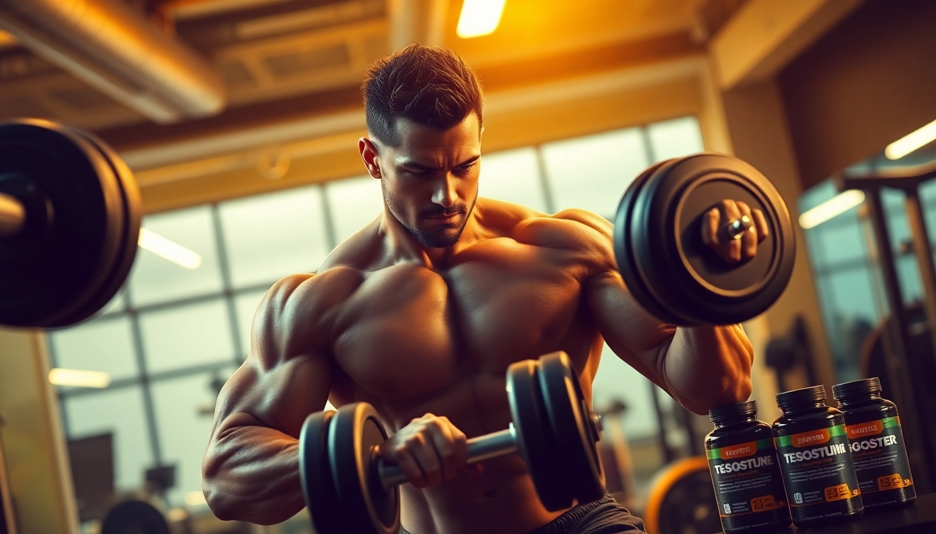 Showcase the effectiveness of a Testosteron-Booster with a muscular man lifting weights in a gym setting.