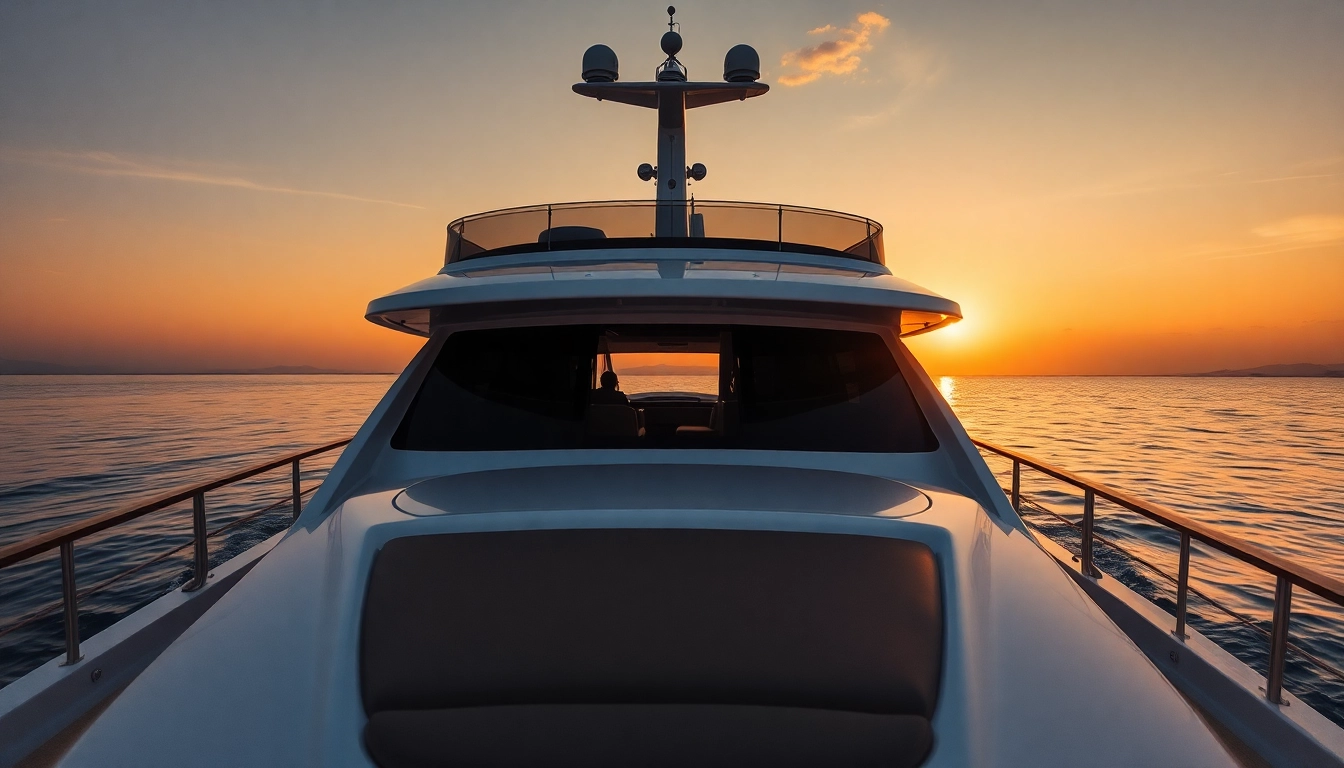 Luxurious cabin cruiser sailing at sunset, showcasing its sleek design and inviting deck.