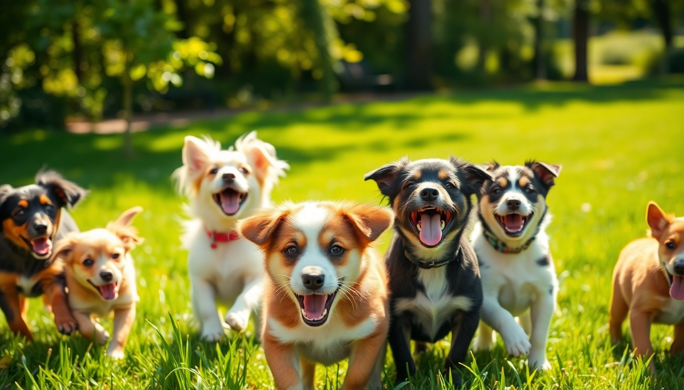 Kate's K9 Pet Care showcases playful puppies enjoying a sunny park environment.