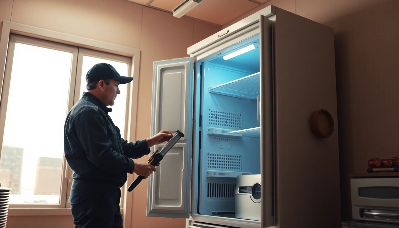 Technician conducting walk in freezer repair, showcasing tools and equipment with a professional touch.