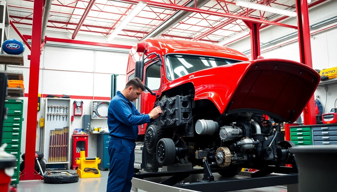 Technician performing affordable truck repair in a modern workshop setting, showcasing specialized tools and vibrant surroundings.