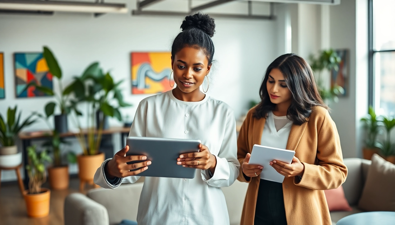 Feminine founders collaborating and discussing business ideas in a vibrant co-working space.