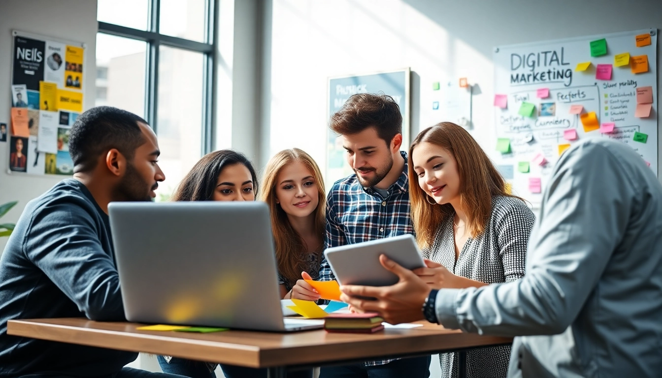 A dynamic social media agency team collaborating in a vibrant office environment.