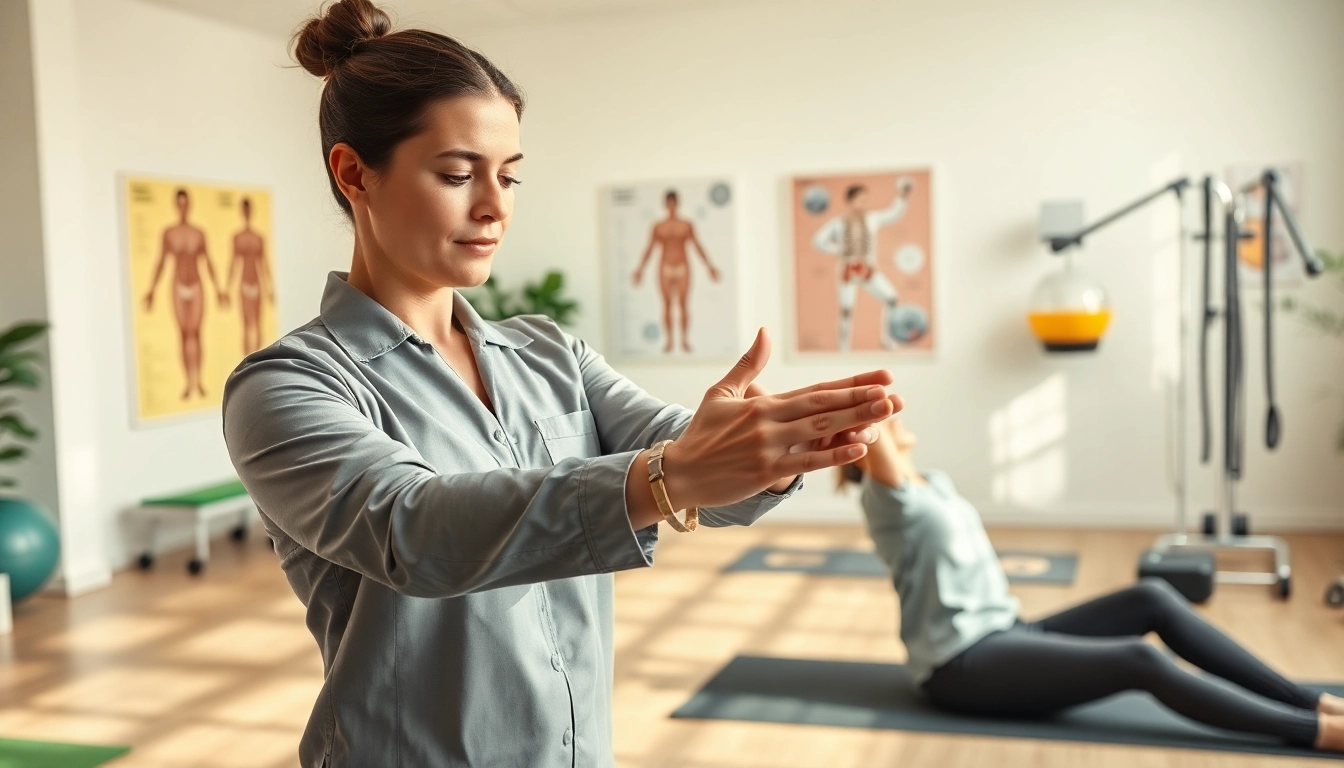 Physical therapist assisting patient in a bright clinic for physiotherapy near me.