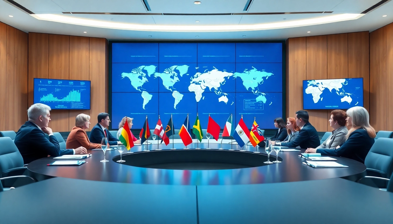 Delegates discussing trade agreements at a professional conference with international flags.