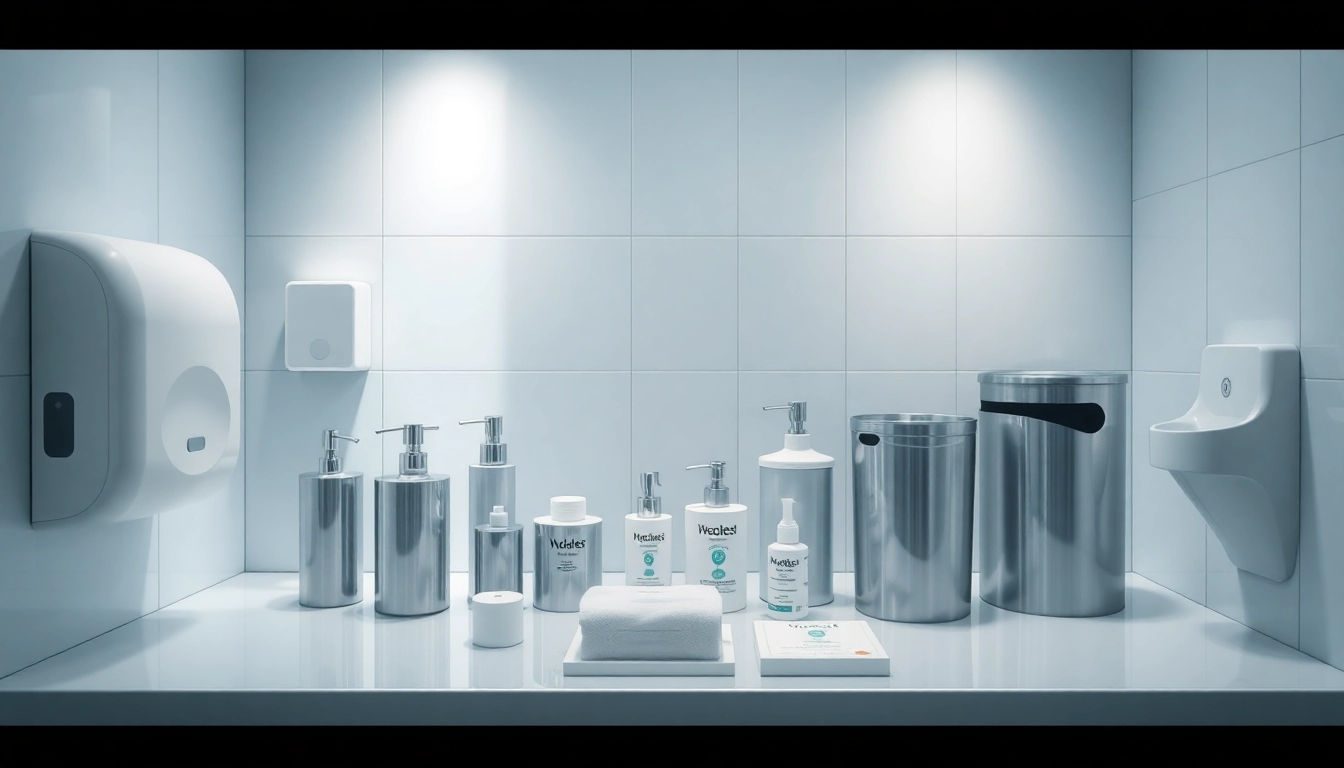 Enhance your restroom experience with top-quality Commercial Restroom Supplies displayed in a sleek environment.