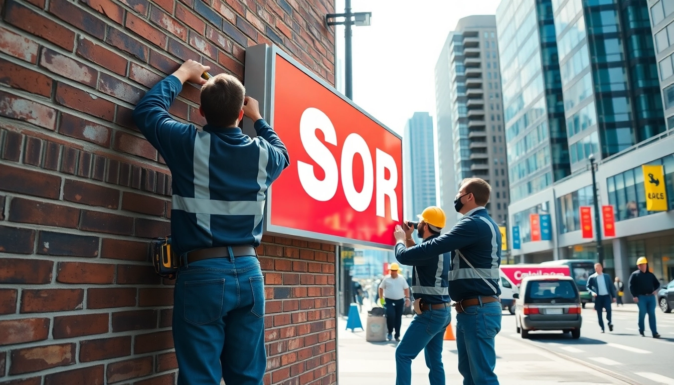 Technicians performing sign installation on a city street, showcasing skill and teamwork.