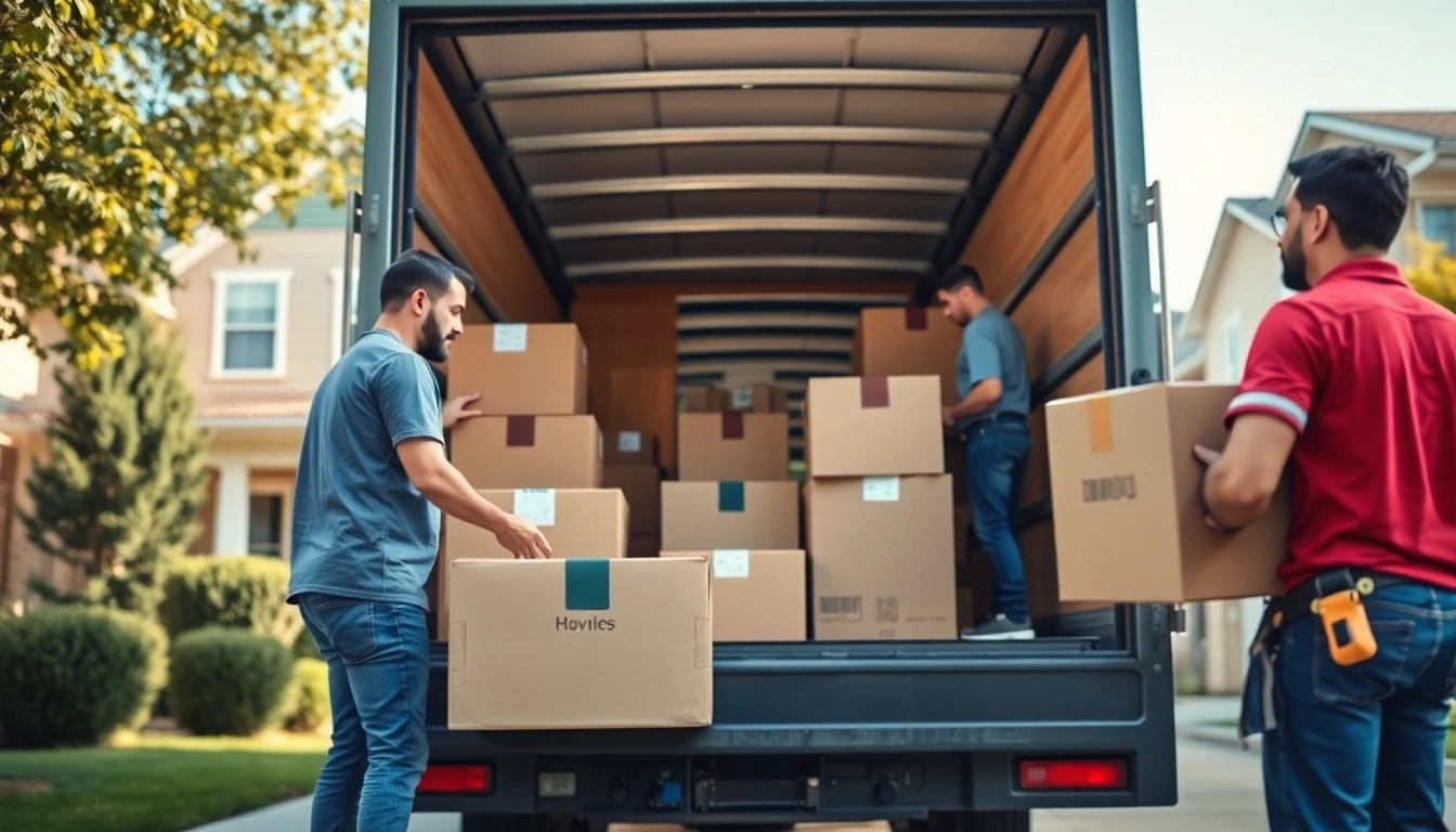 Efficient movers from removal companies near me loading a truck in a friendly neighborhood.