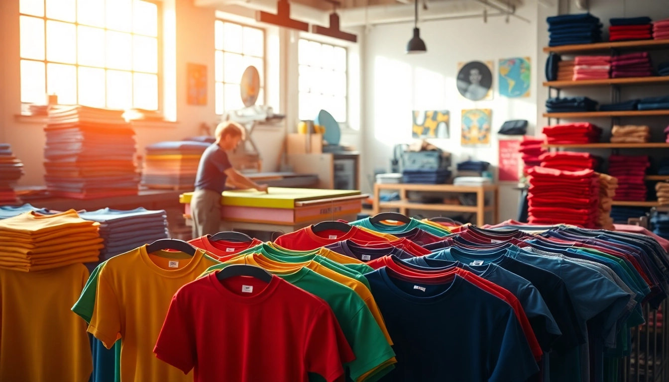 Experience vibrant t shirt printing edmonton in a creative workshop showcasing colorful designs.