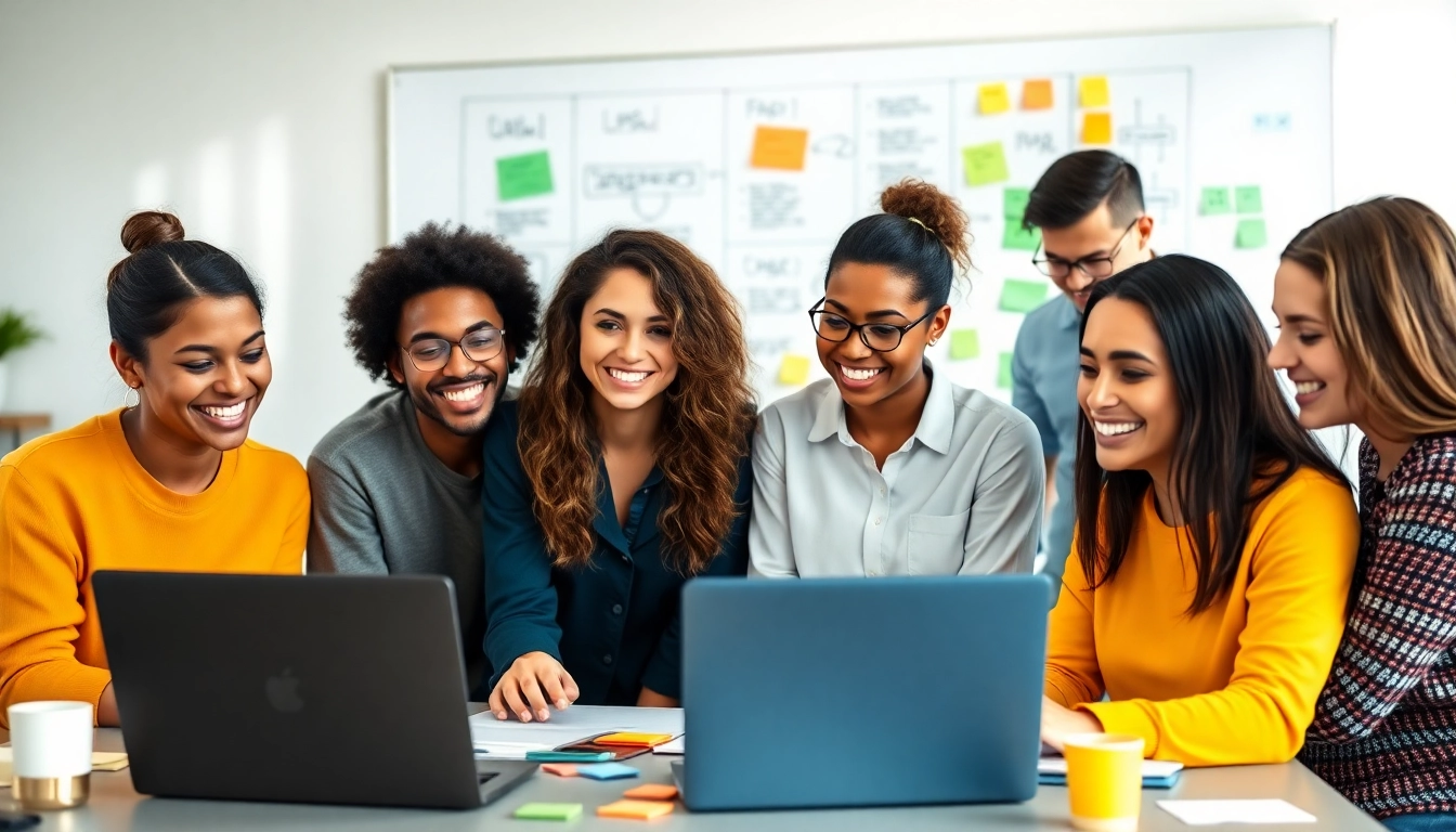 Content Agency team members engaged in collaborative brainstorming session in a modern office.