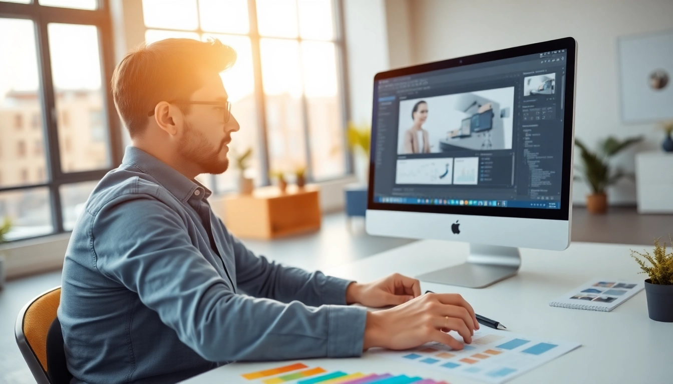 Creating innovative AI design solutions with a professional graphic designer in a bright workspace.