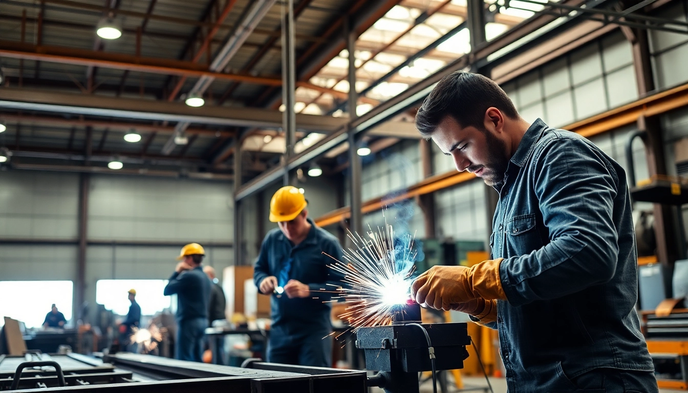 Skilled workers performing industrial fabrication in Edmonton with advanced machinery.