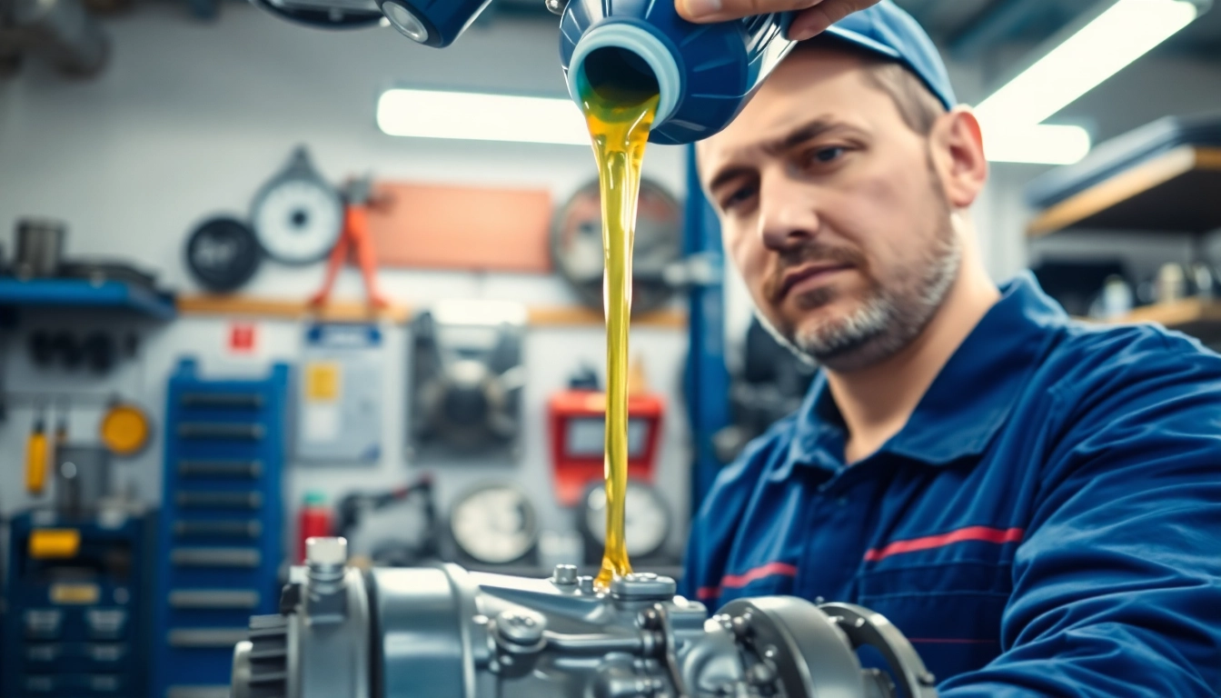 Pouring CVT transmission fluid into a transmission system with a mechanic's focus.