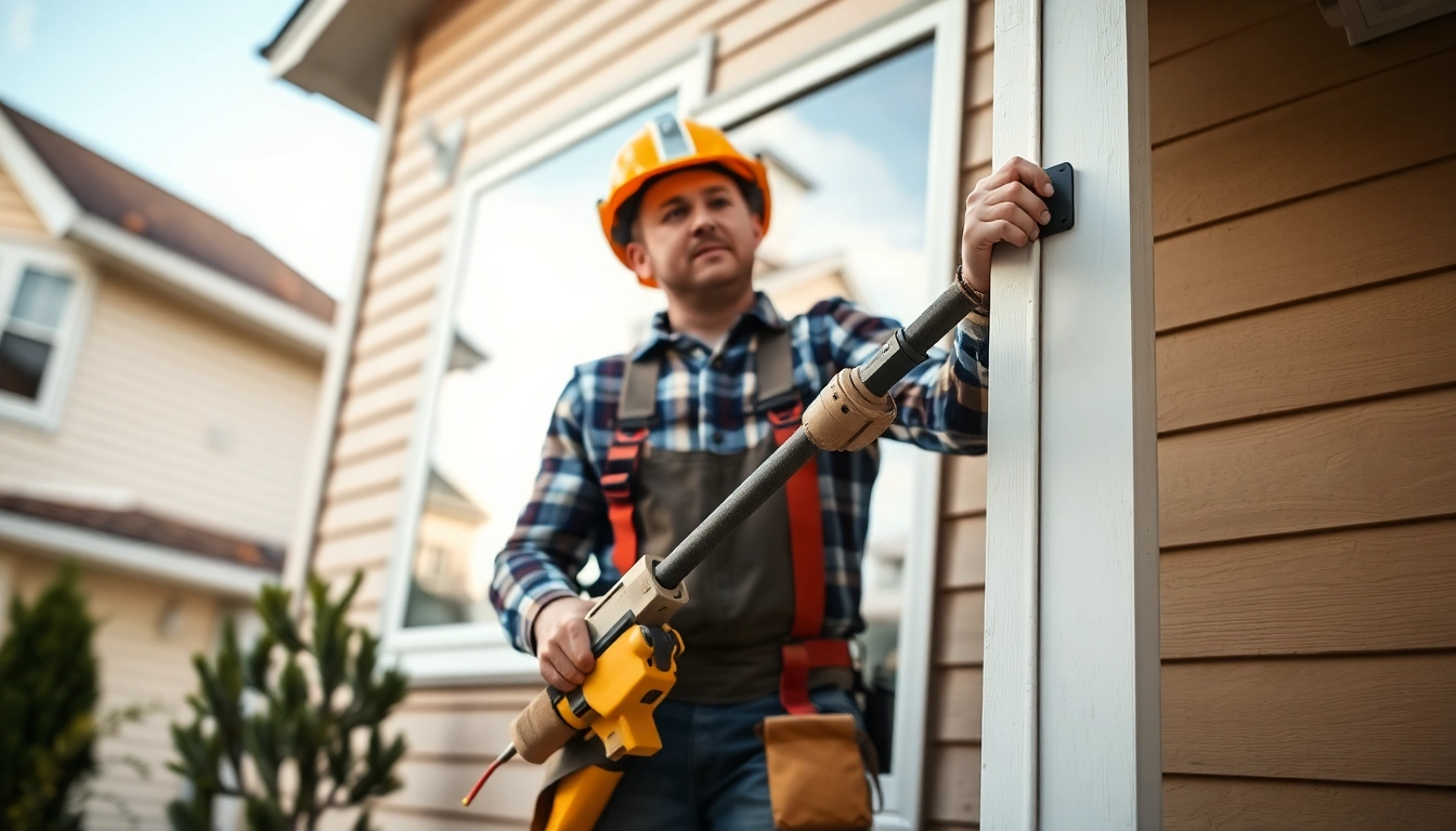 Delivering high-quality exterior project services, a contractor expertly installs siding on a home.