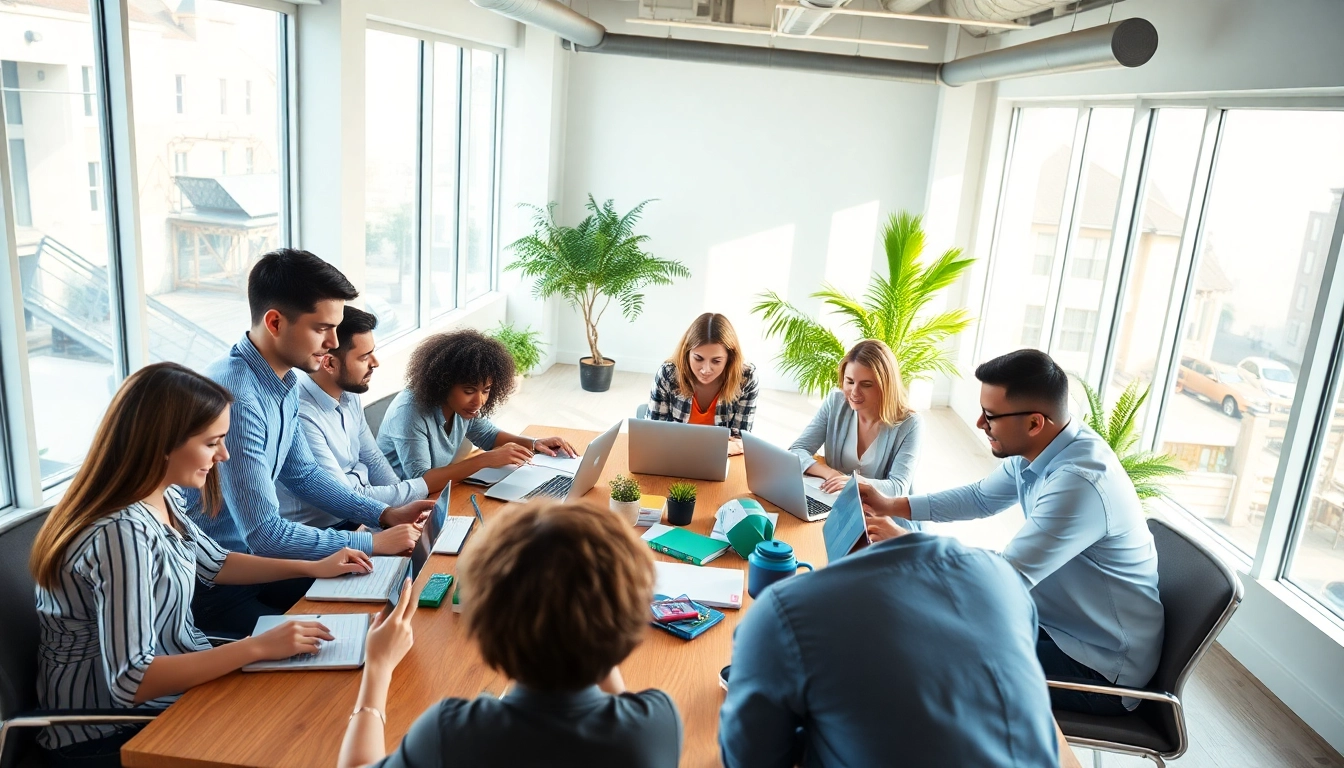 Startup fractional agency team collaborating in a modern office space.