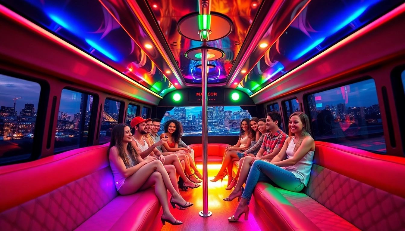 Group enjoying the macon party bus with vibrant lights and luxurious seating.