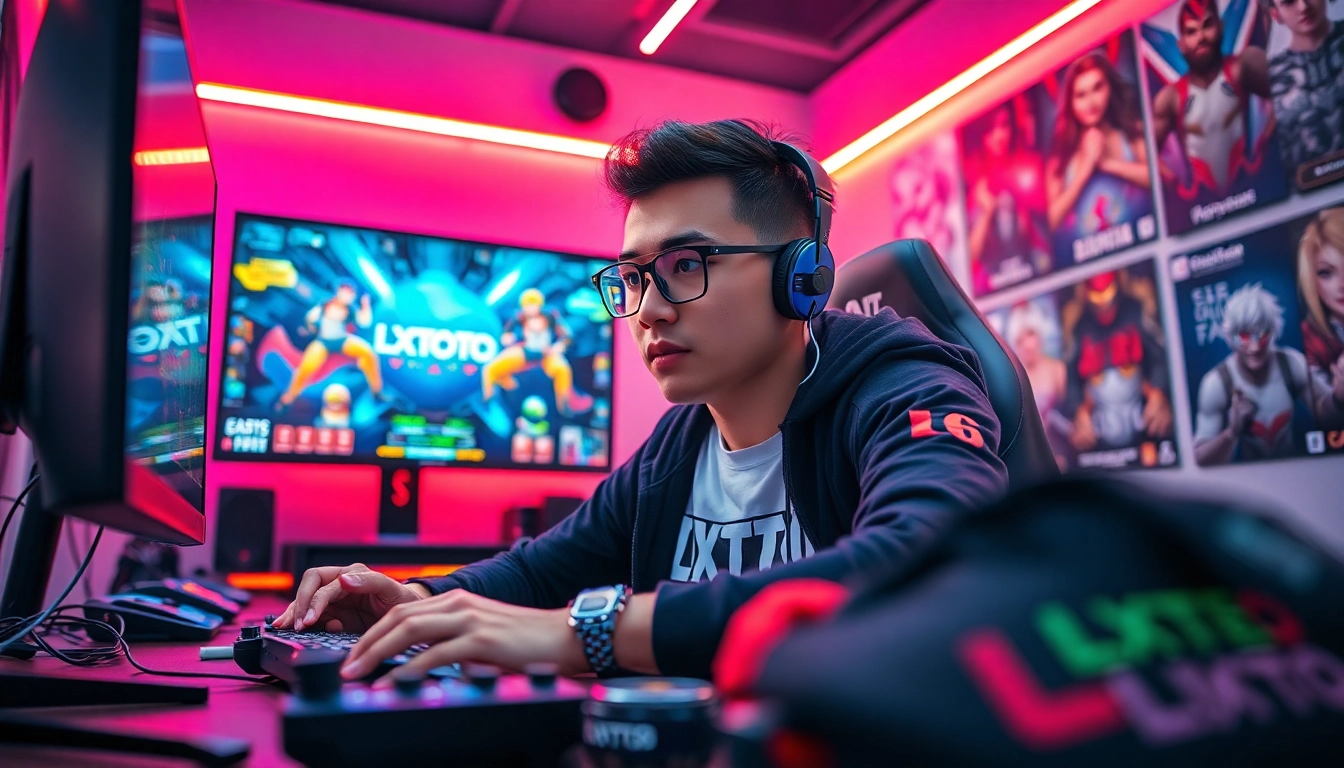 Permainan LXTOTO ini menunjukkan pemain esports berlatarkan setup gaming modern.