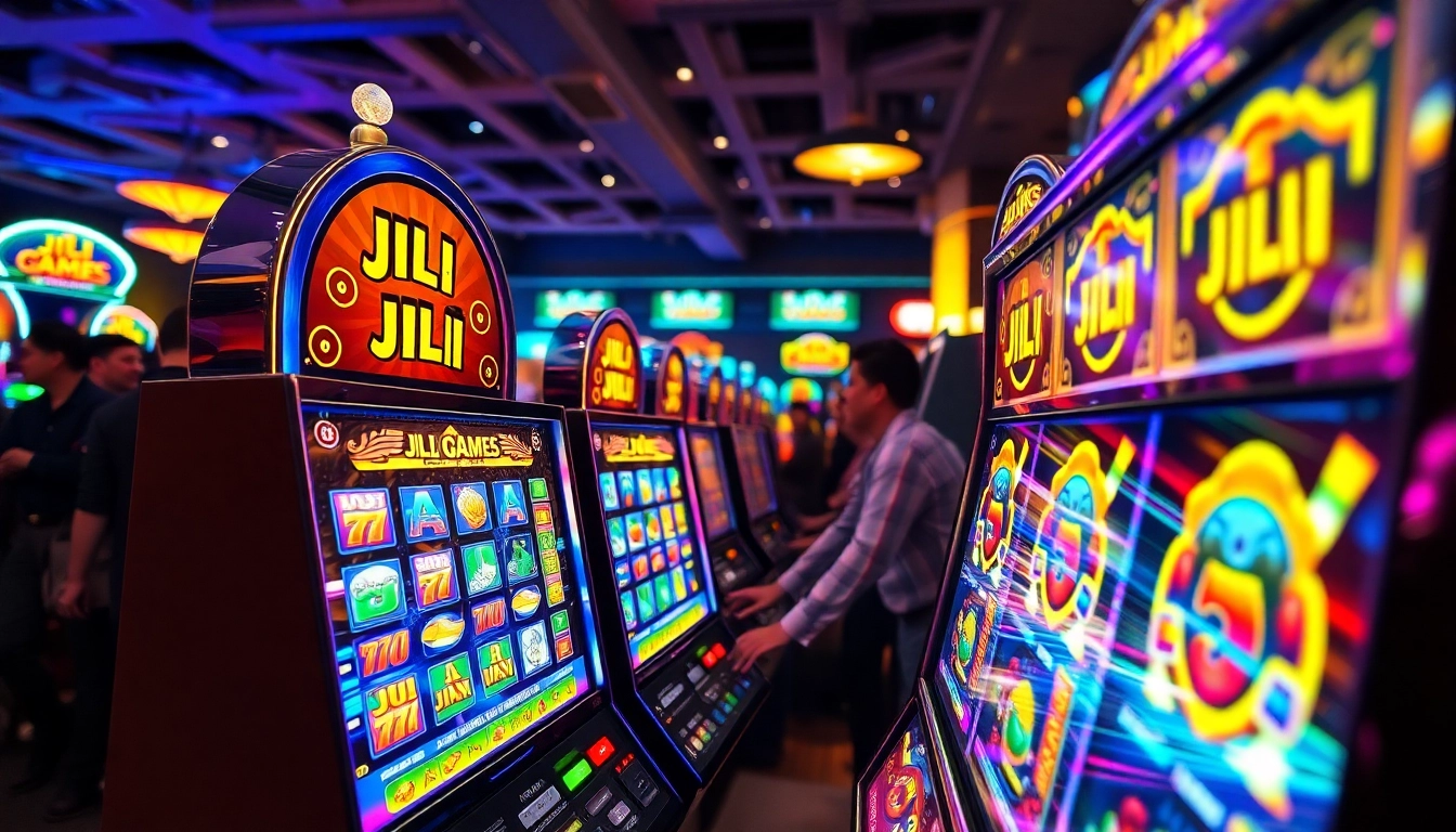 Engaging JILI Games slot machines in a lively casino atmosphere, mesmerizing players.