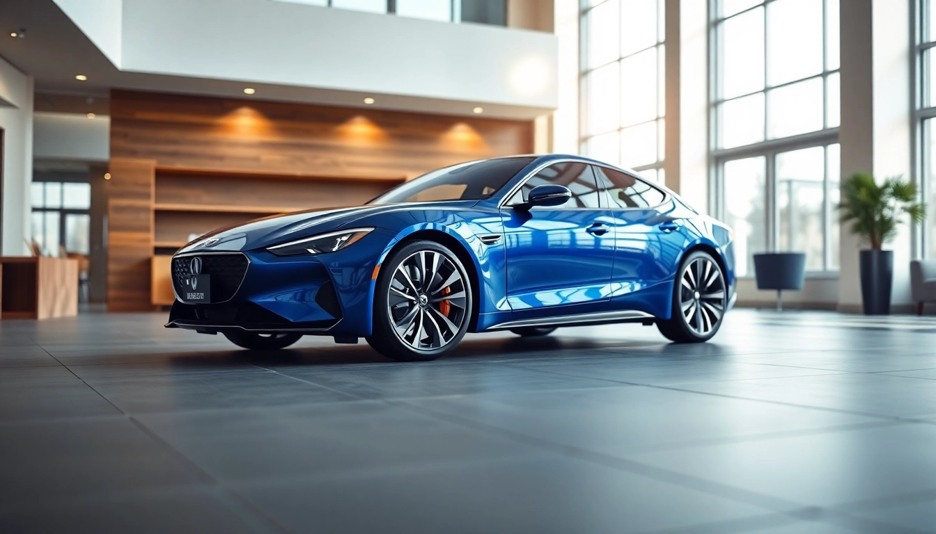 Showcase the perfect car in a luxurious showroom, highlighting its sleek design and stunning colors.