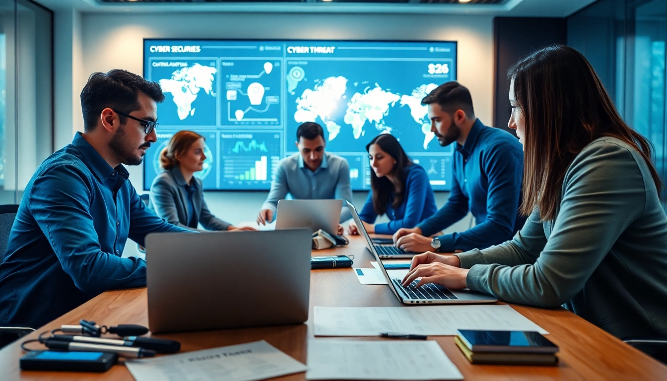 Cyber security services team collaborating on digital security solutions in a modern office.