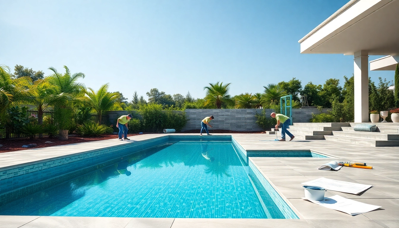 Workers engaged in pool construction, showcasing modern techniques and lush surroundings