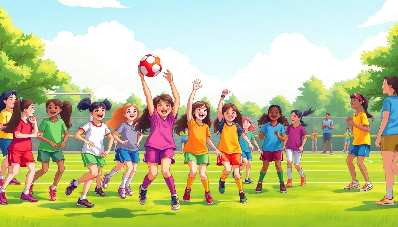 Girls engaged in fun activities at Multi Sports Camps for Girls, showcasing teamwork and excitement.