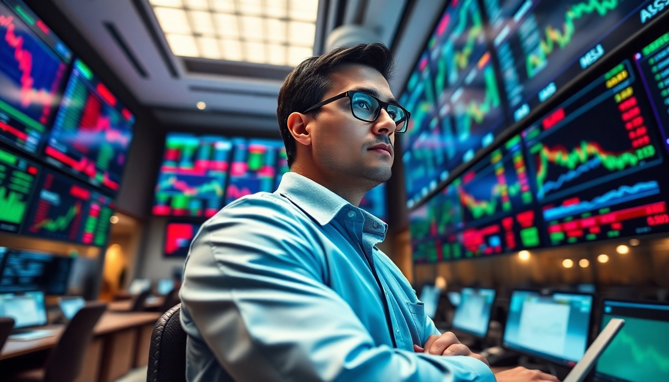 Stock picker analyzing financial data in a modern office setting with high-tech displays.