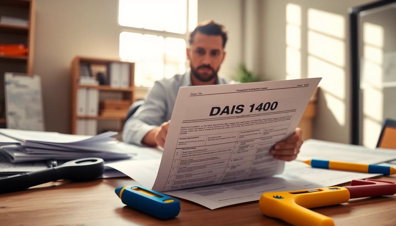 DAS 140 form being reviewed by a contractor in a professional office setting.
