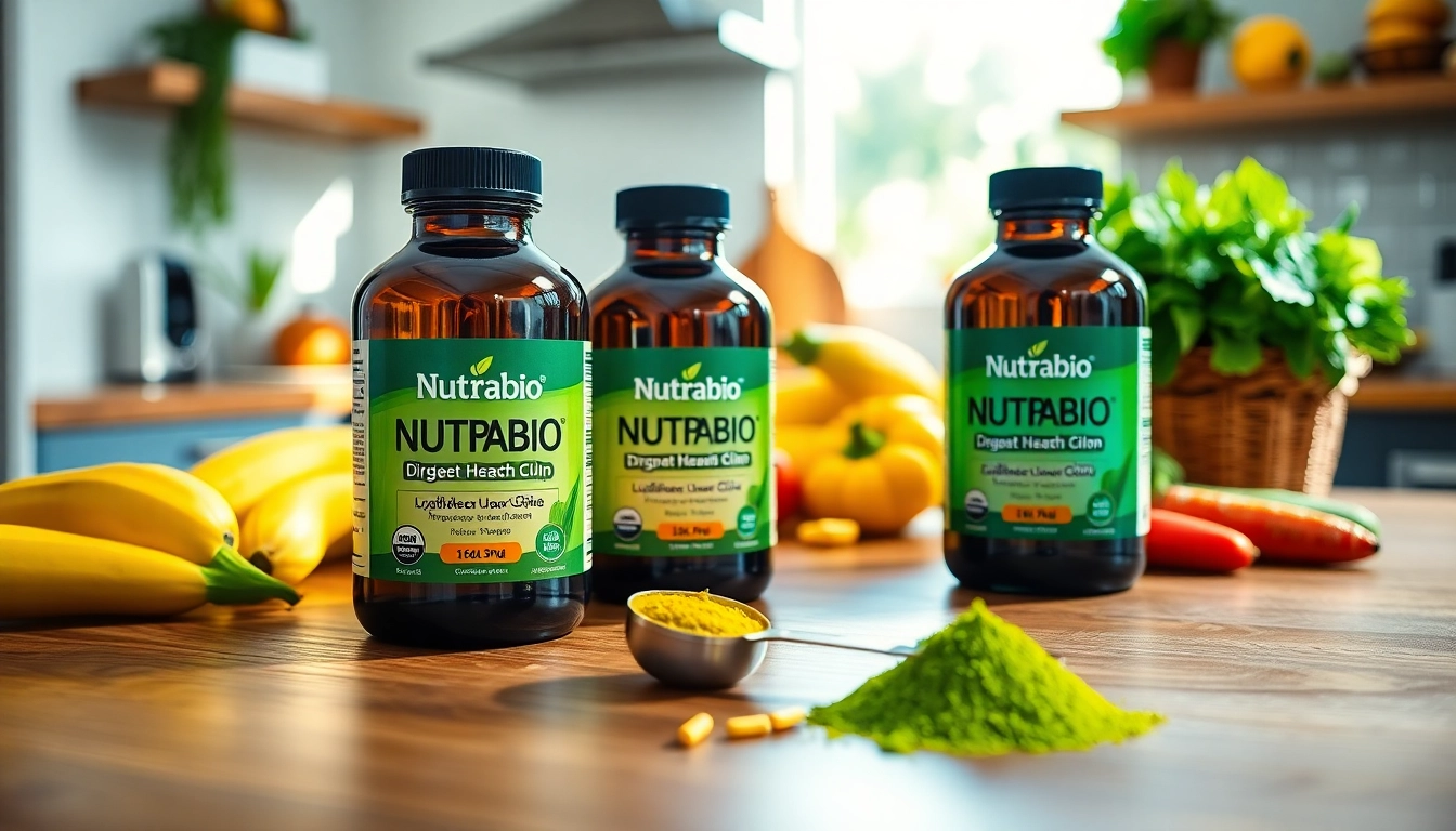 Nutrabio supplements displayed with fresh fruits emphasizing health benefits.