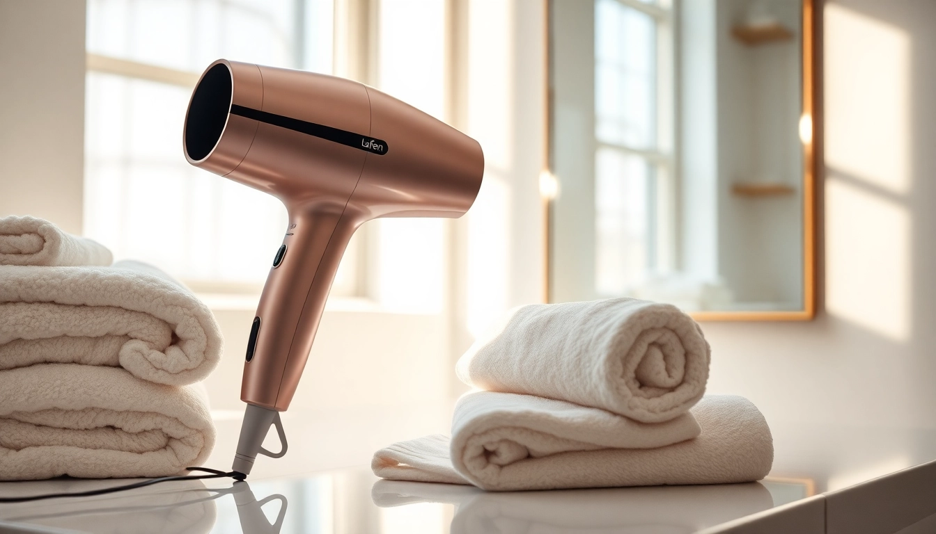 Showcase the laifen hair dryer on a stylish vanity, highlighting its elegant features and design.