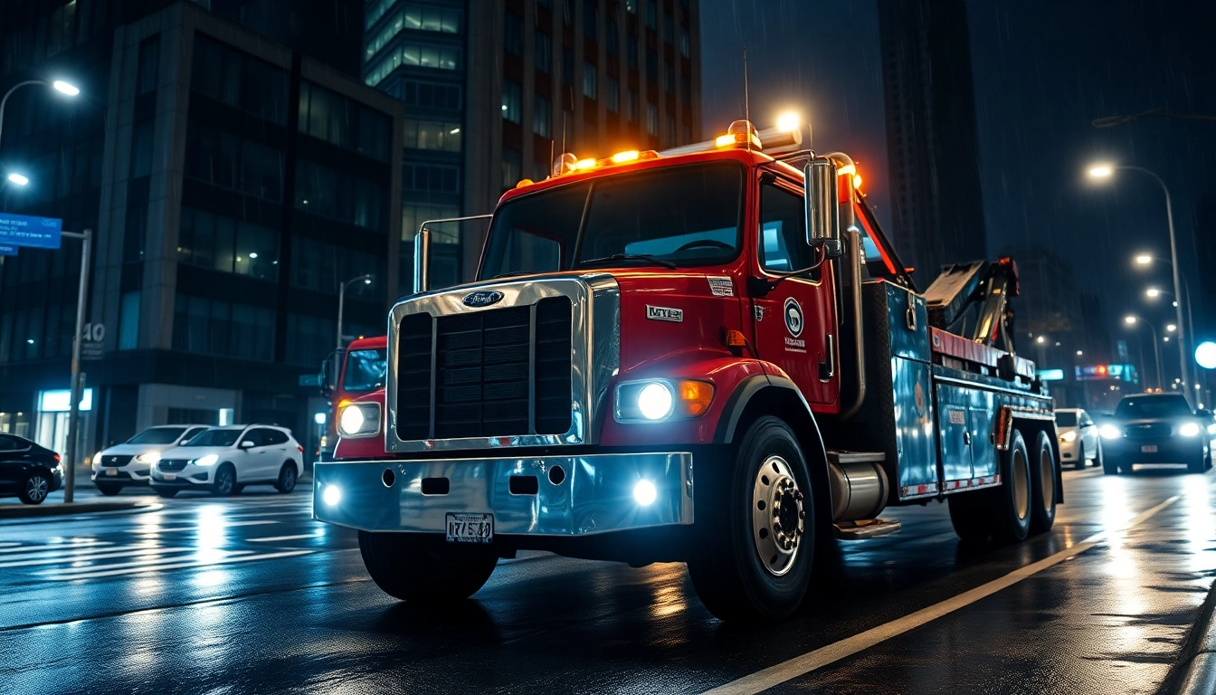 Towing service featuring 24 hour big rig towing, showcasing a heavy-duty truck during a nighttime rescue operation.
