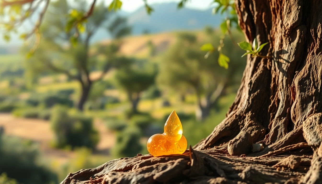 Extracting myrrh resin from a myrrh tree in a tranquil, natural setting.