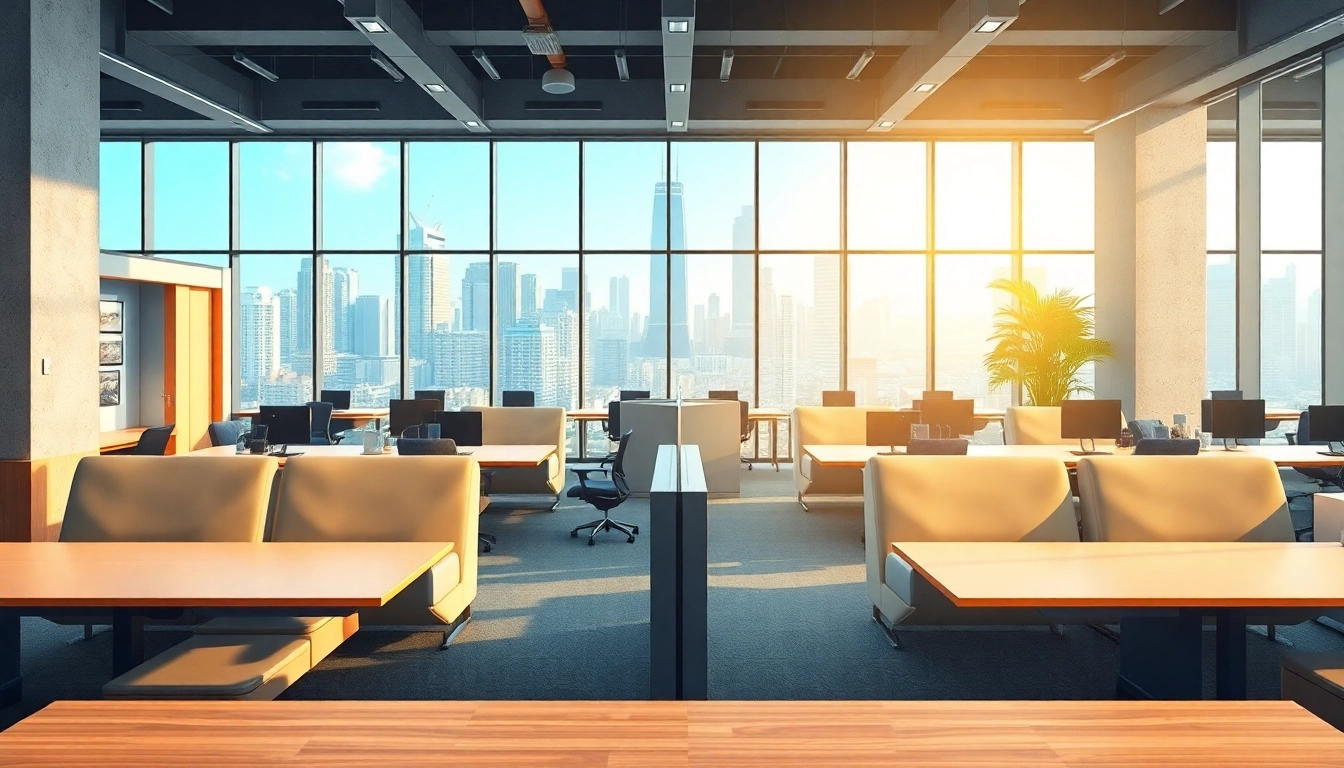 Find modern office space for rent in Bangalore, showcasing inviting workstations and vibrant city views.