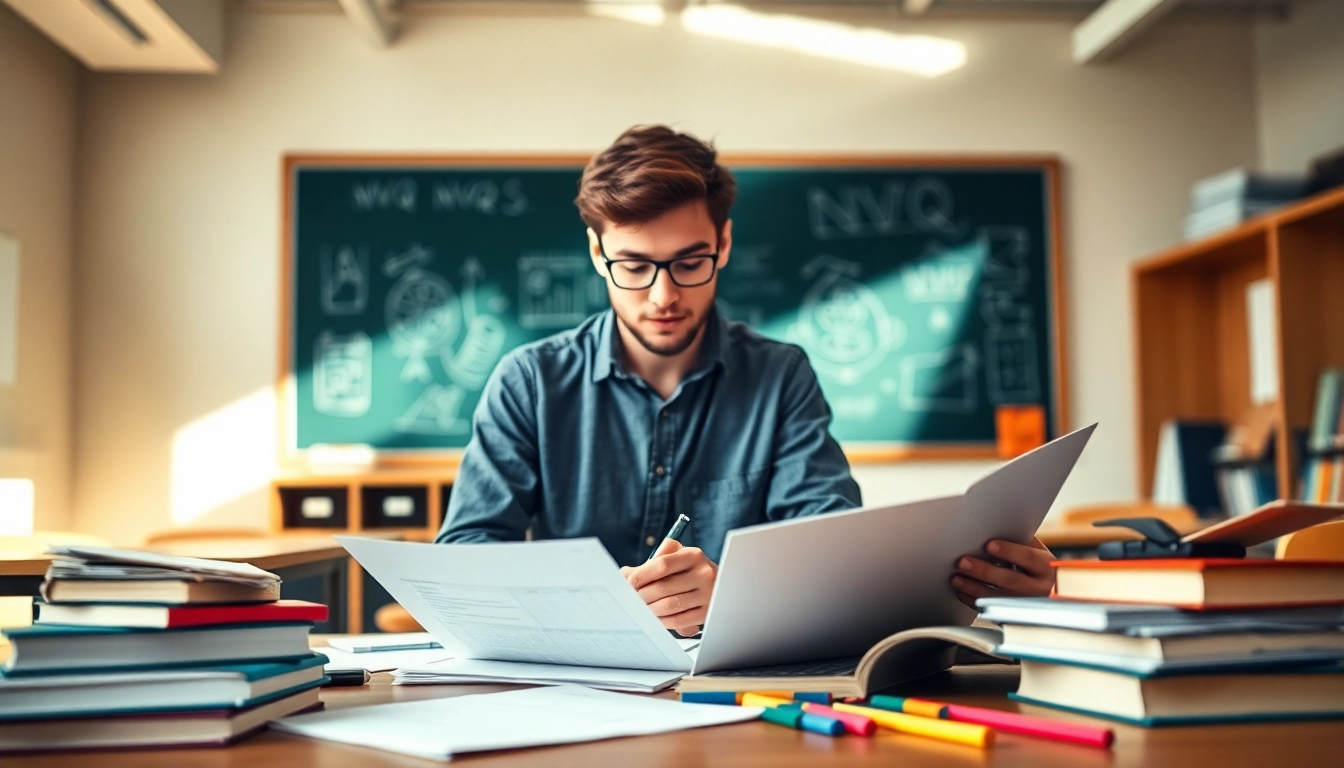 Student engaged in studying NVQ answers, with assessment papers and classroom elements, showcasing a productive learning environment.
