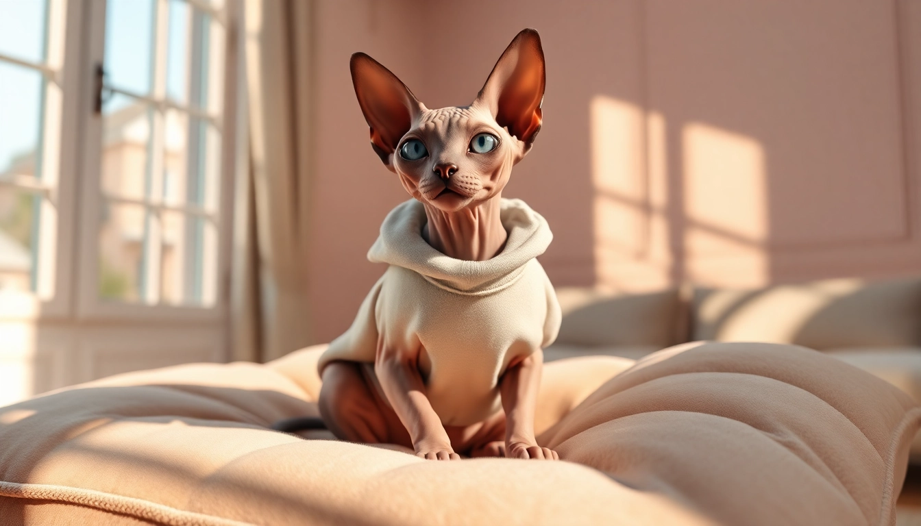 Showcase of PIKAPIKA Sphynx Clothes adorning a stylish Sphynx cat on a cozy cushion.