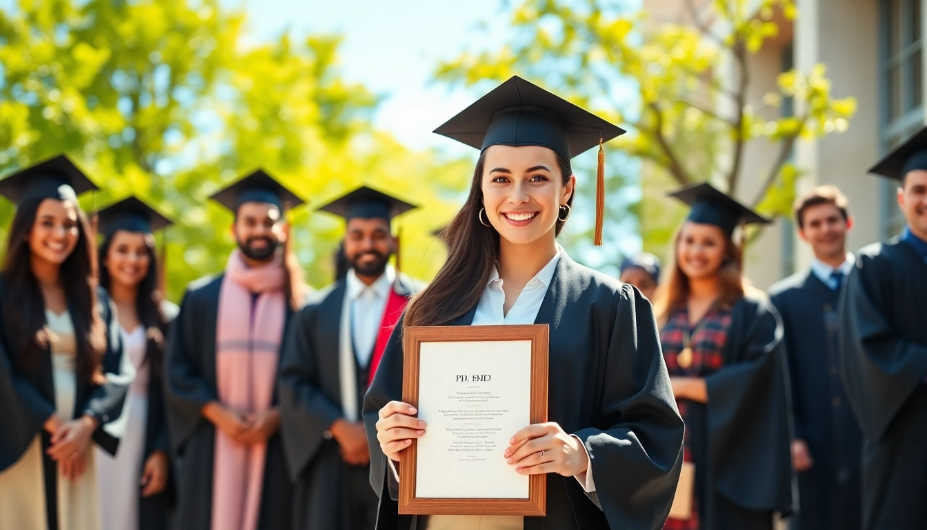 Find where to buy PhD degree with graduates proudly displaying their diplomas.