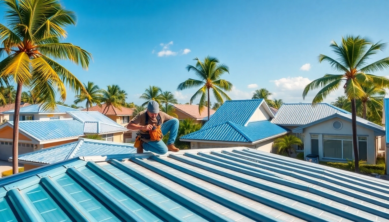 Installers applying florida metal roofing in a sunny residential neighborhood, emphasizing quality and craftsmanship.
